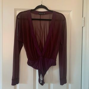 Sheer maroon long sleeve body suit